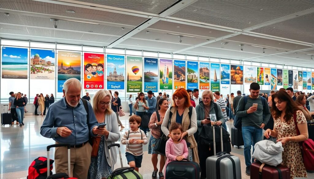 A bustling airport terminal, filled with multigenerational families eagerly awaiting their flights. In the foreground, grandparents assist young children with their luggage, while parents coordinate the group's itinerary on their phones. The middle ground showcases vibrant travel posters advertising idyllic beach resorts, historic cities, and outdoor adventure destinations. The background depicts a panoramic view of the terminal, with high ceilings, large windows, and a sense of anticipation and excitement. Soft, diffused lighting creates a warm, welcoming atmosphere, while a wide-angle camera lens captures the scope and scale of this strategic planning for a multi-generation travel experience.
