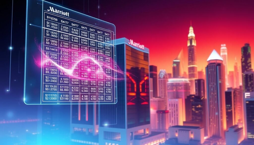 A striking illustration of Marriott Bonvoy's dynamic award pricing, captured in a vibrant, futuristic style. In the foreground, a holographic display hovers, showcasing a grid of hotel room rates that flicker and morph, representing the ever-changing nature of the program's pricing. The middle ground features a sleek, modern hotel facade, its facade reflecting the dynamic display. The background is a cityscape of towering skyscrapers, bathed in a warm, neon-tinged glow, suggesting the fast-paced, technology-driven world of contemporary hospitality. The overall scene conveys a sense of complexity, innovation, and the challenges faced by travelers navigating the evolving loyalty landscape.