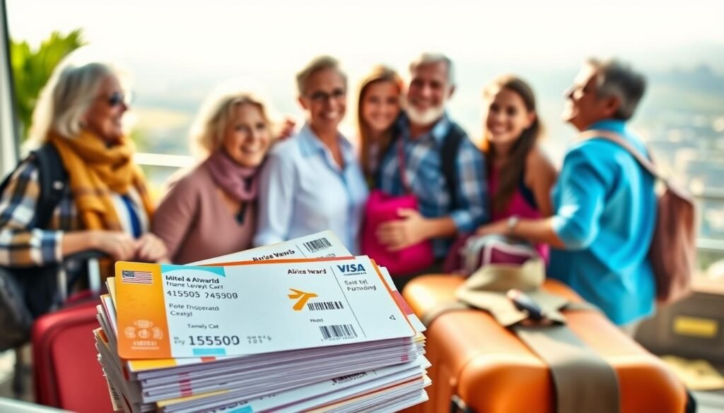 A warm and vibrant family gathering, capturing the essence of travel rewards. In the foreground, a stack of colorful airline tickets, hotel rewards, and loyalty program cards, symbolizing the tangible benefits of travel. In the middle ground, a multi-generational family - grandparents, parents, and children - smiling and embracing, their suitcases and backpacks suggesting an upcoming adventure. The background features a sun-drenched landscape, with a scenic overlook or landmark, hinting at the enriching experiences that travel rewards can unlock. Soft, diffused lighting and a slight depth of field create a sense of comfort and intimacy, inviting the viewer to imagine themselves in this rewarding family trip.