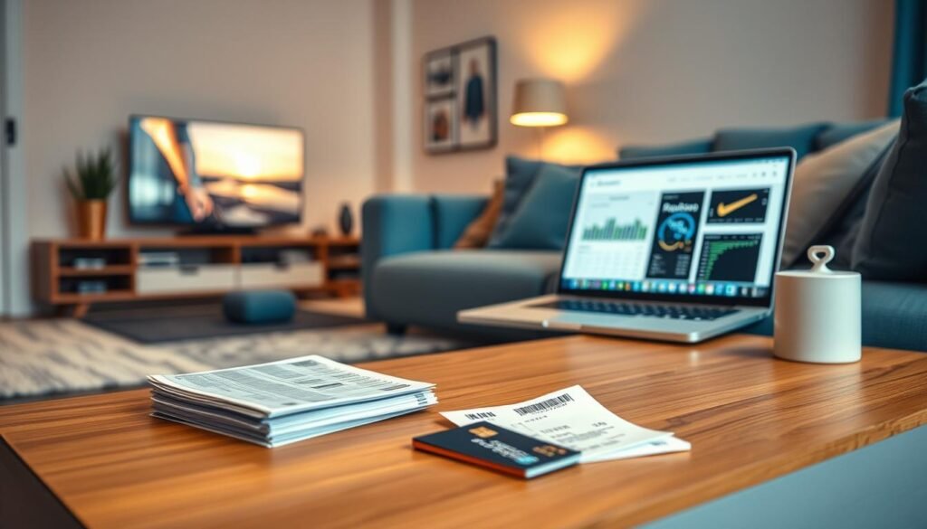 Create a clean, modern image that visually represents the concept of understanding subscription spending patterns—without using text or visible data. In the foreground, show a simplified digital interface on a phone or tablet screen displaying abstract icons for streaming, fitness, and entertainment subscriptions, with subtle glowing highlights to suggest activity. In the background, use a soft gradient with faint, abstract repeating shapes (like calendar icons or overlapping bills) to hint at recurring payments. Use a minimalist color palette with deep blue, muted teal, soft gray, and crisp white to maintain clarity and focus. The overall look should feel intuitive, personal, and visually balanced, with no charts, words, or numbers.