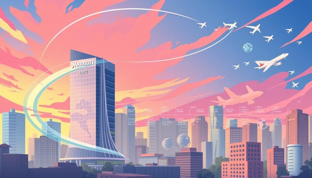 Digitally rendered cityscape depicting the evolution of the Marriott Bonvoy loyalty program. In the foreground, a sleek modern Marriott hotel towers against a vibrant sky. Swirling around it, abstract shapes and lines symbolize the program's changes over the years, with a focus on the 2018 rebrand from Marriott Rewards. In the middle ground, a timeline of the program's key milestones unfolds, showcasing its growth and adaption to industry trends. The background features a collage of travel-inspired elements - luggage, airplanes, globes - hinting at the program's global reach. The overall tone is dynamic, progressive, and technology-forward, reflecting Marriott Bonvoy's evolution into a more digital, personalized loyalty experience.