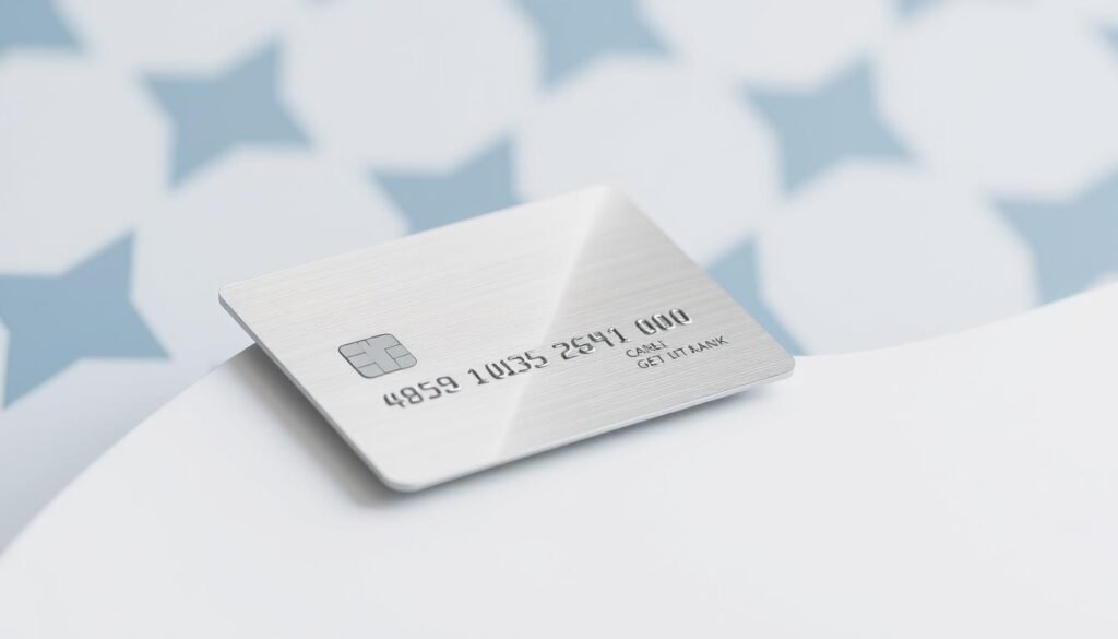 A sleek, metallic credit card with a minimalist design sits atop a crisp, clean white surface. The card's surface glistens under soft, diffused lighting, casting subtle reflections. In the background, a subtle pattern of geometric shapes in complementary shades of blue and gray creates a modern, sophisticated atmosphere. The overall composition conveys a sense of financial sophistication and the allure of exclusive rewards programs.