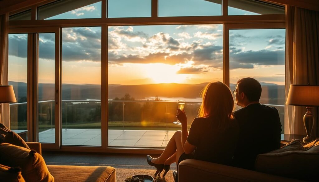 A tranquil summer evening at a luxurious hotel, the warm glow of sunset filtering through large windows overlooking a private balcony. A couple sits together, sipping champagne and gazing at a stunning landscape of rolling hills and a sparkling lake in the distance. The room is elegantly furnished with plush furnishings and tasteful decor, creating an atmosphere of romantic indulgence. Soft lighting enhances the intimacy, while the hotel's exclusive points rewards program promises a truly memorable and effortless getaway for the discerning traveler.