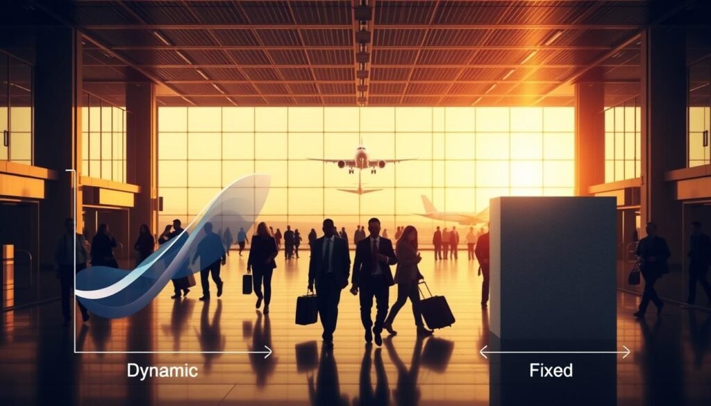 A wide, expansive airport terminal with high ceilings and abundant natural light. In the foreground, two airline loyalty program award pricing models stand in contrast - one dynamic and one fixed, each represented by distinctive visual elements. The dynamic model is a swirling, ever-changing graph, while the fixed model is a solid, unwavering block. In the middle ground, business travelers move purposefully through the terminal, some examining their devices, others engaged in conversation. The background features the distant silhouettes of aircraft taking off and landing, emphasizing the motion and fluidity of the airline industry. The scene is bathed in a warm, golden glow, creating a sense of energy and forward momentum.