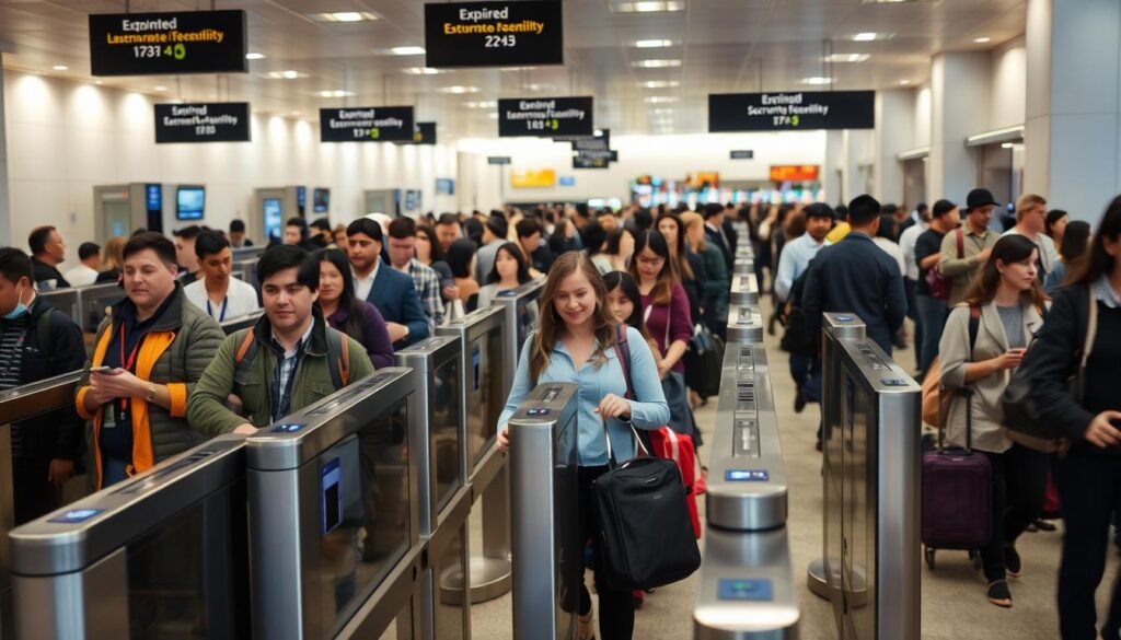 A bustling airport security checkpoint, with expedited lanes marked by prominent signage. Travelers swiftly navigate through the well-lit and spacious area, their faces a mix of anticipation and relief. Sleek security gates stand guard, their metal frames gleaming under the soft, diffused lighting. In the background, a seamless flow of passengers glides past, their carry-on bags and luggage creating a visual rhythm. The atmosphere is one of efficiency and calm, inviting a sense of ease and confidence as travelers prepare for their journeys ahead.