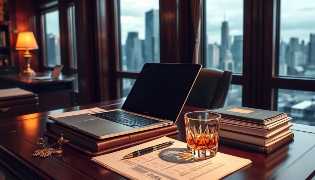 A luxurious study in dark mahogany and brass, illuminated by warm, golden light. A sleek, high-end laptop sits atop a leather-bound ledger, surrounded by stacks of crisp documents. A crystal tumbler filled with an amber liquid rests nearby, casting a soft glow. In the background, the skyline of a bustling metropolis can be seen through floor-to-ceiling windows, hinting at the wealth and status of the space. The scene conveys the importance of a robust credit score in enabling access to the finest travel experiences and amenities.