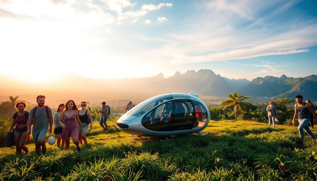 A vibrant scene of group travel experiences in 2025, captured with a wide-angle lens. In the foreground, a diverse group of adventurers explore a lush, verdant landscape, their faces alight with excitement. The middle ground showcases a futuristic, eco-friendly mode of transportation - a sleek, hovering vehicle that glides effortlessly over the terrain. In the background, a breathtaking vista of towering mountains and a vibrant, colorful sky, bathed in warm, golden sunlight that casts a serene, dreamlike atmosphere over the entire scene. The mood is one of shared discovery, adventure, and a deep connection with the natural world, reflecting the future of travel as a collective, immersive experience.