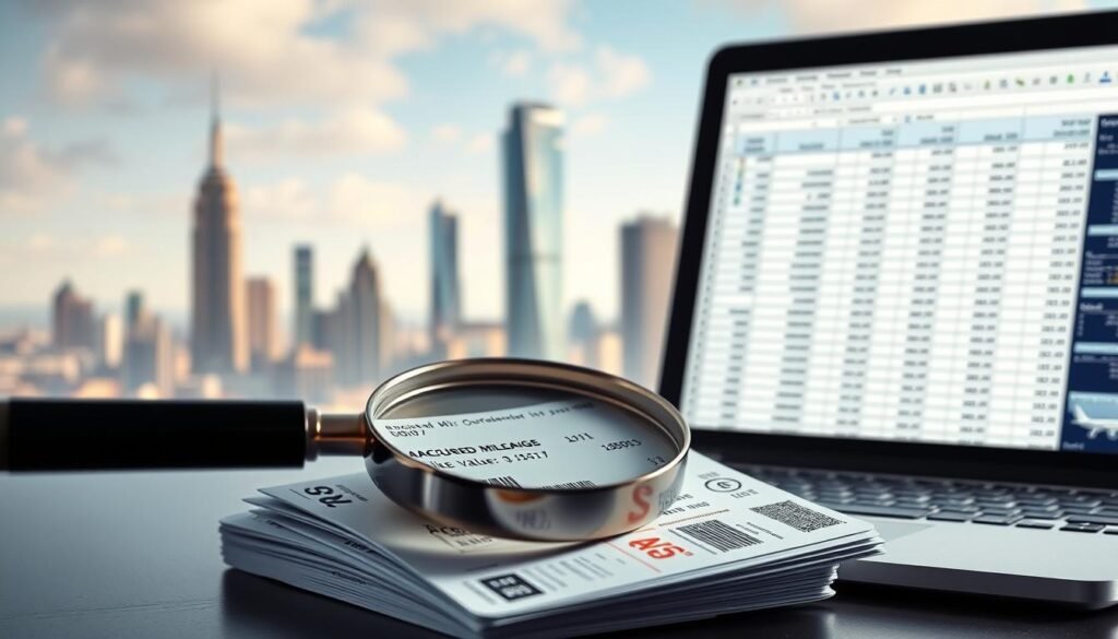 A breathtakingly realistic image of "mile valuation strategies", with a sophisticated, analytical feel. In the foreground, a magnifying glass hovers over a stack of airline boarding passes, highlighting the numerical details of accrued mileage. In the middle ground, a sleek laptop displays a detailed spreadsheet, meticulously tracking the value of the miles. The background is a softly blurred cityscape, with towering skyscrapers and a vibrant urban atmosphere, emphasizing the importance of these financial decisions in the broader context of air travel and personal finance. The lighting is crisp and directional, casting sharp shadows and emphasizing the sense of careful examination and calculation. The overall tone is one of thoughtful, data-driven decision-making.