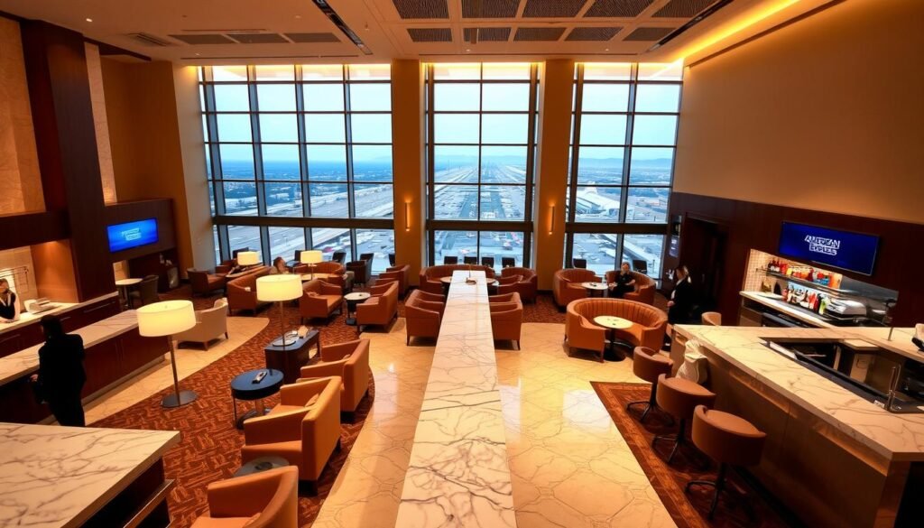 A luxurious, well-appointed American Express Platinum lounge, bathed in warm, ambient lighting. Spacious seating areas with plush armchairs and sofas invite guests to relax in comfort. Sleek marble countertops and polished wooden accents create an elegant, sophisticated atmosphere. A fully stocked bar offers a selection of premium beverages, while a gourmet buffet tempts the palate. Towering windows offer panoramic views of the bustling airport, heightening the sense of exclusivity and VIP treatment. Smartly dressed attendants are on hand to cater to every need, ensuring a seamless and indulgent experience for Platinum cardholders.