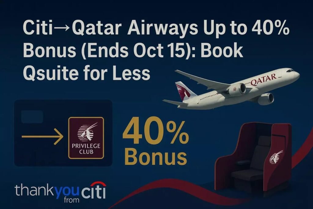 An advertisement with a Qatar Airways plane, a business class seat, and text promoting up to a 40% bonus for Citi points transfers to Qatar Airways Privilege Club, with the offer ending October 15.